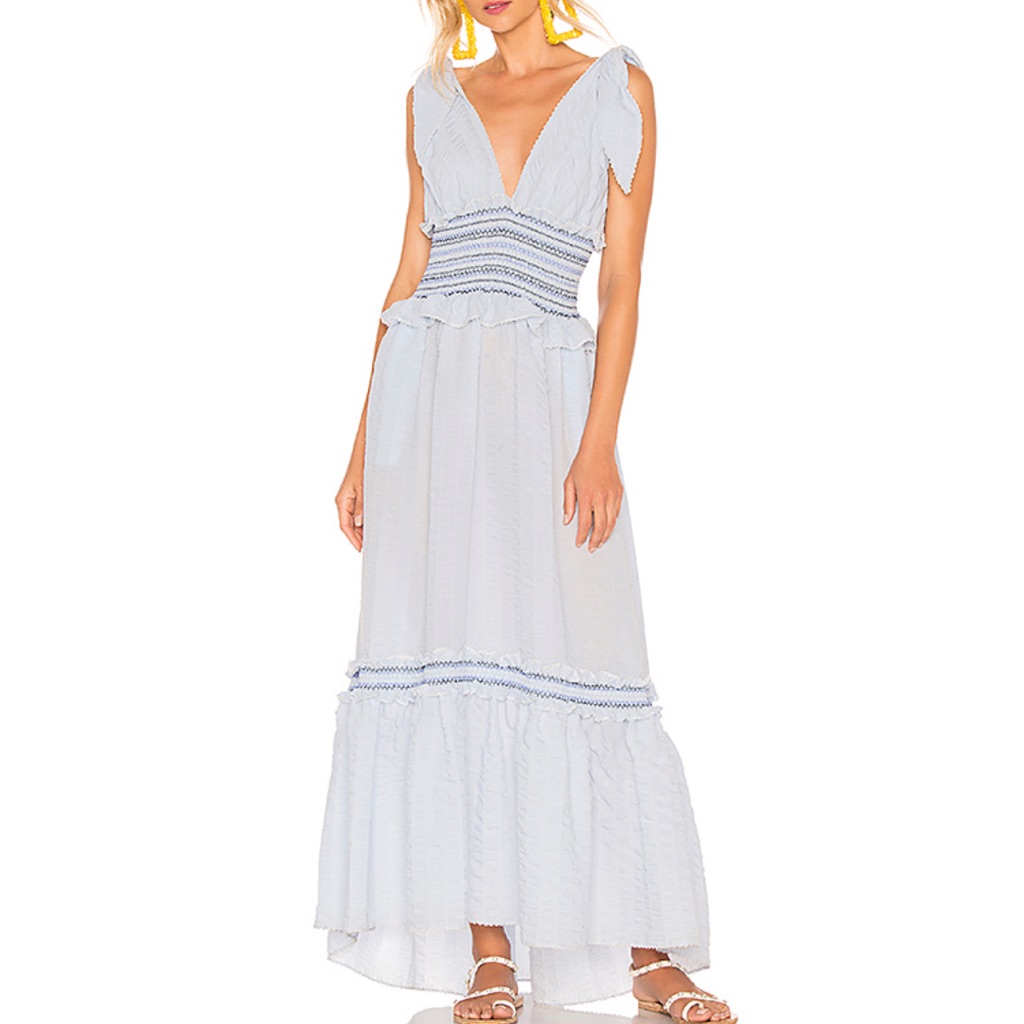 Jonathan Simkhai Smocked V Neck Crinkly Blue Dress